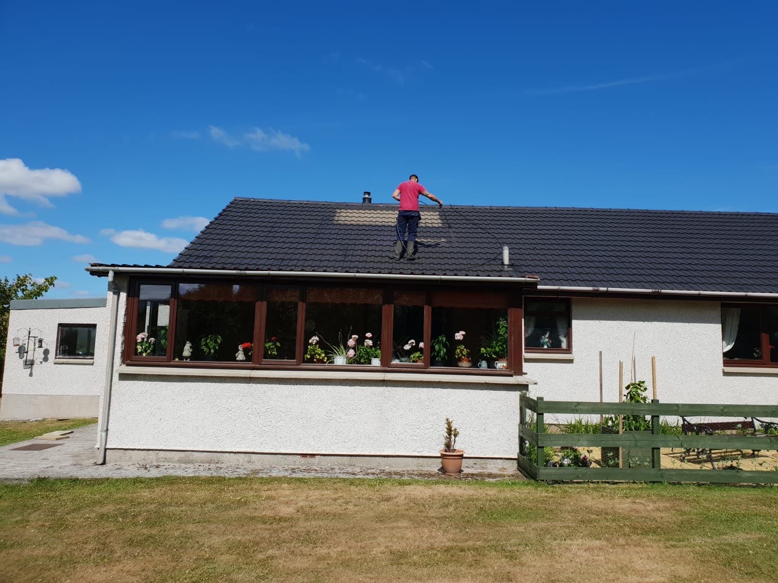 Roof cleaning specialist at work