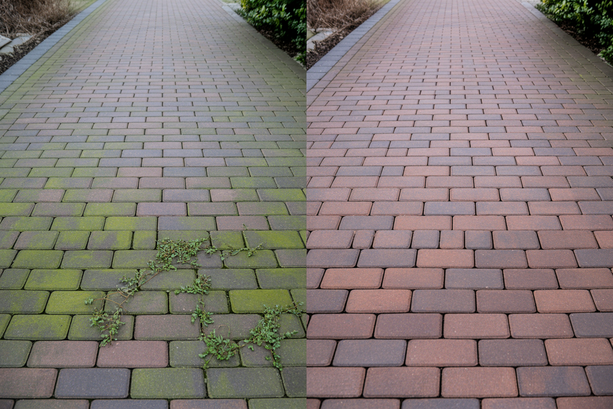 Block paving driveway before and after cleaning