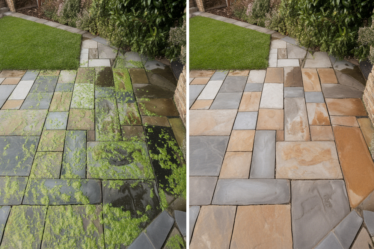 Patio slabs pressure washing before and after