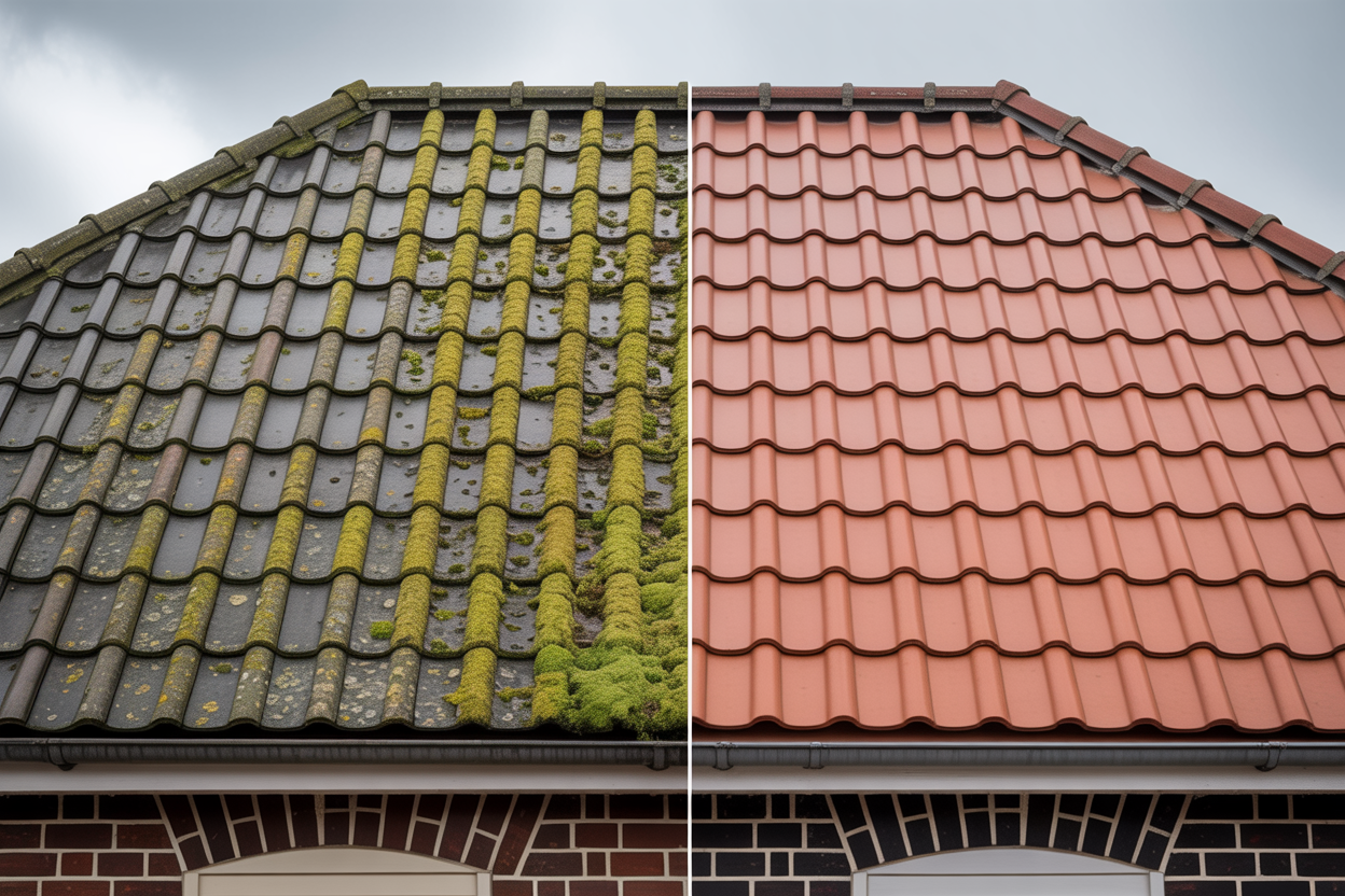 Tiled roof moss removal before and after