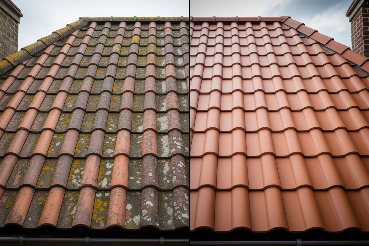 Roof lichen removal before and after